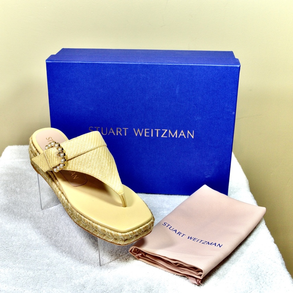 Stuart Weitzman Pearl Buckle Espadrille Sandals in Wheat/Cream, Size 6.5